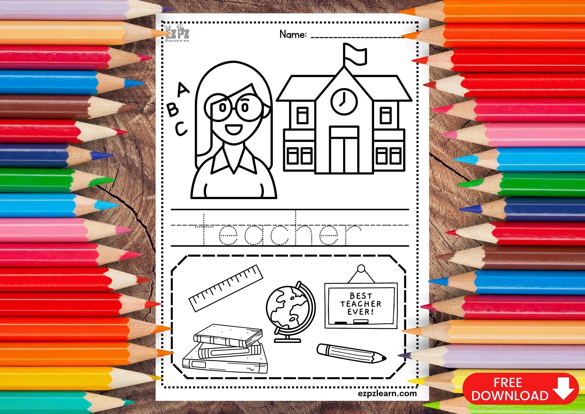 Teacher Coloring and Trace the Word Page Jobs Topic for Kids
